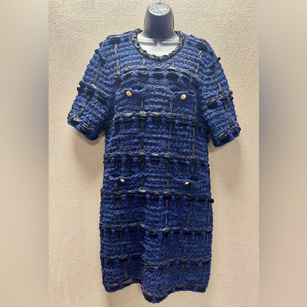 Tory Burch Navy Textured Tweed Ribbon Dress with Gold Buttons XL